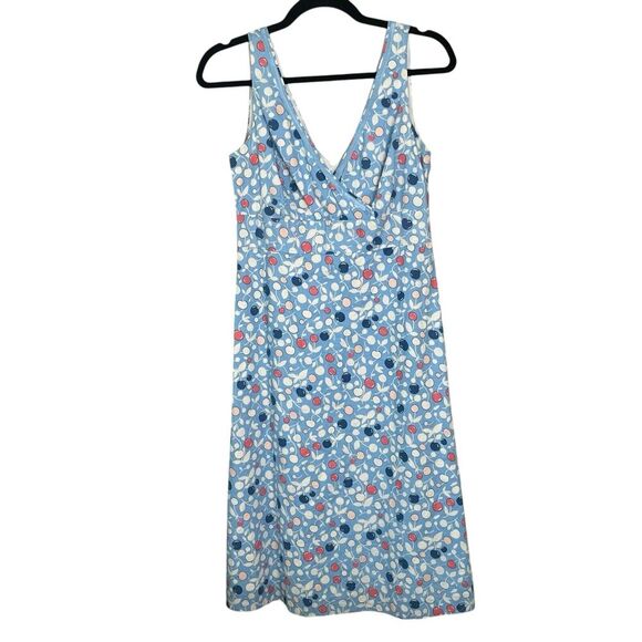 Boden Dress Sz 12 R Empire Waist Crossover V-Neck 100% Cotton Blue Cherr… - Picture 2 of 11